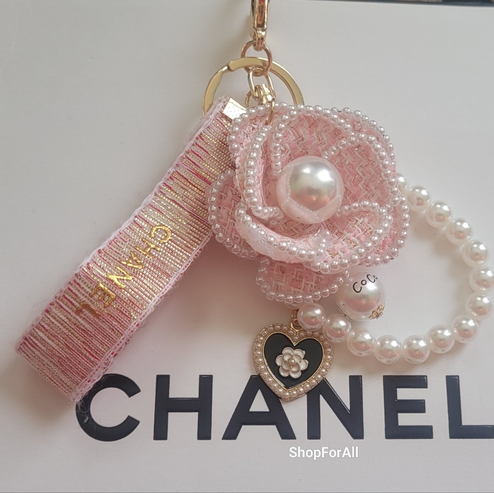 Chanel Pink Flower Keychain with Pearls